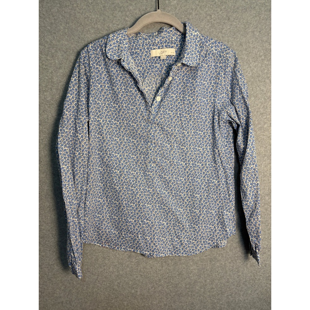 LOFT Petite Women's Blue Floral Button Popover Blouse SP Cotton Cottagecore Top